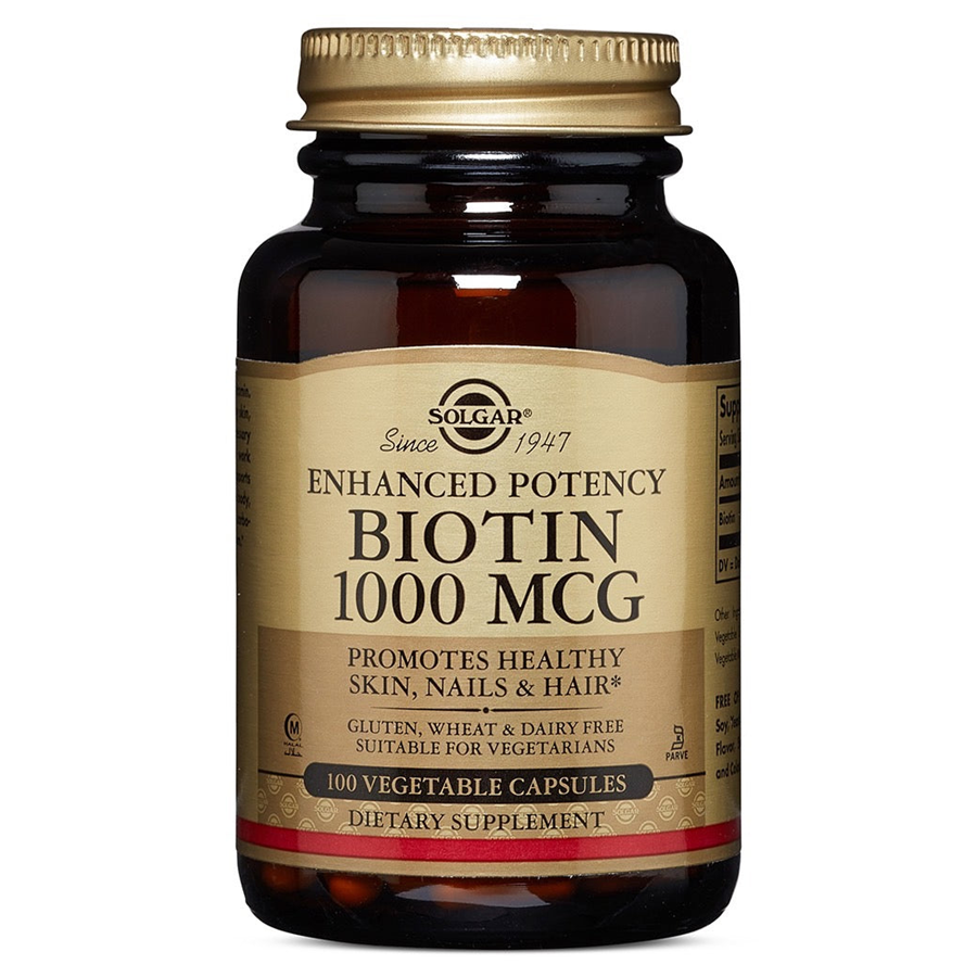 Solgar Biotin 1000 mcg vitamins & supplements in 100 vegetable capsules, dietary supplement for healthy hair and skin.