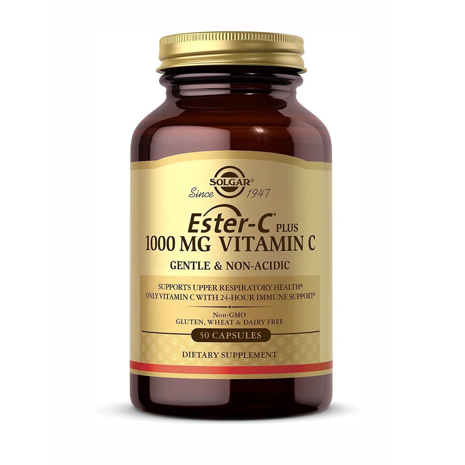 Solgar Ester-C Plus 1000 mg Vitamin C capsules, dietary supplements for immune support, in a bottle with 50 capsules.