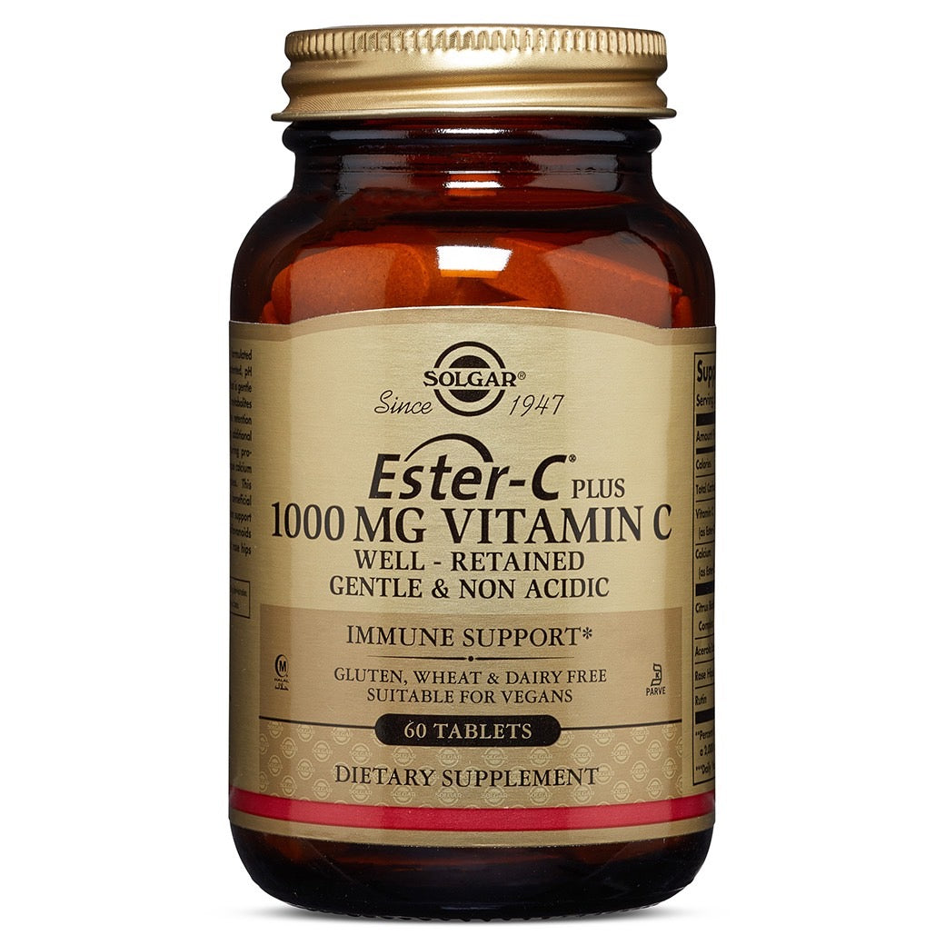 Solgar Ester-C Plus 1000 mg Vitamin C supplement in a bottle of 60 tablets, designed to support immune health.