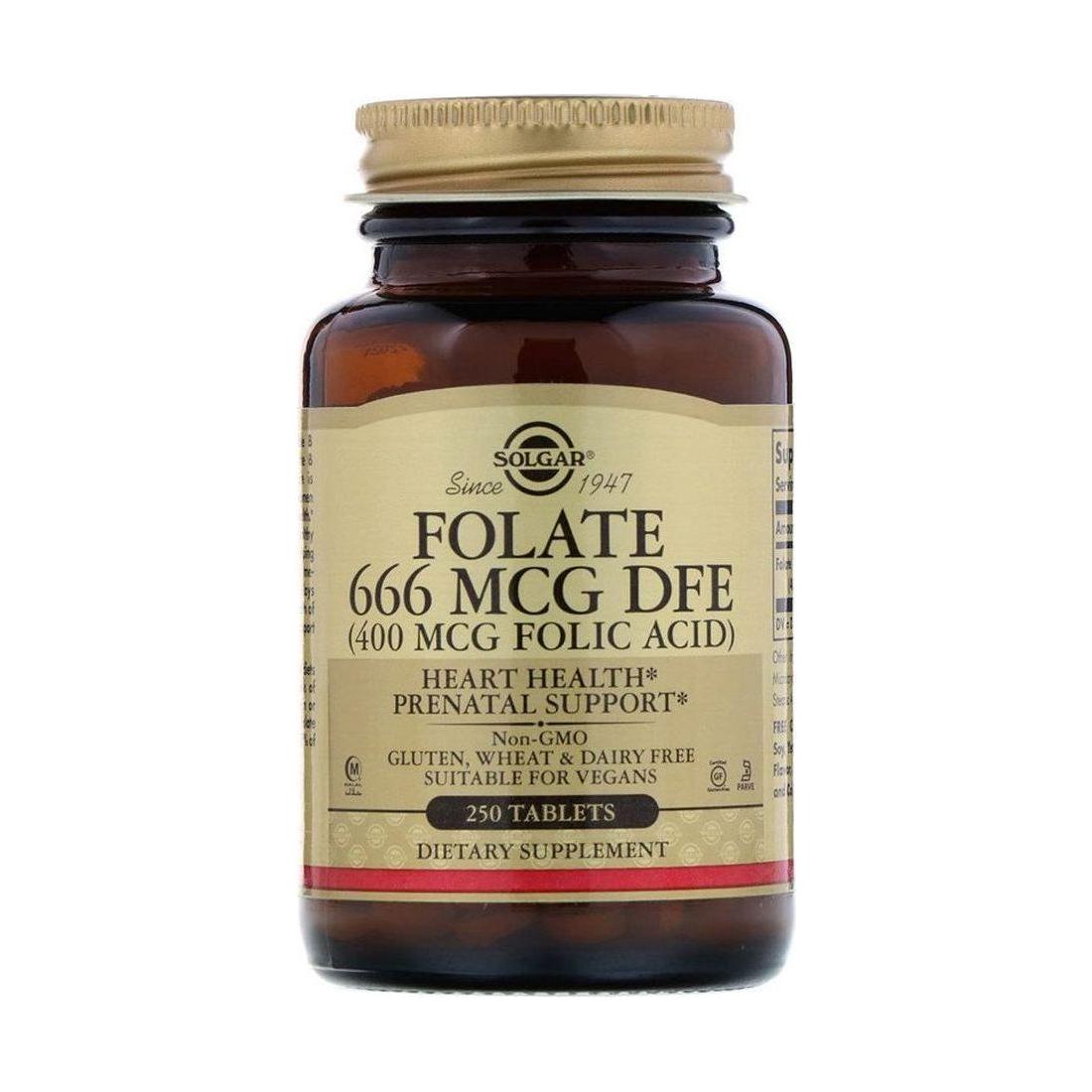 Bottle of Solgar Folate Folic Acid 400 mcg vitamins and supplements with 250 tablets inside.