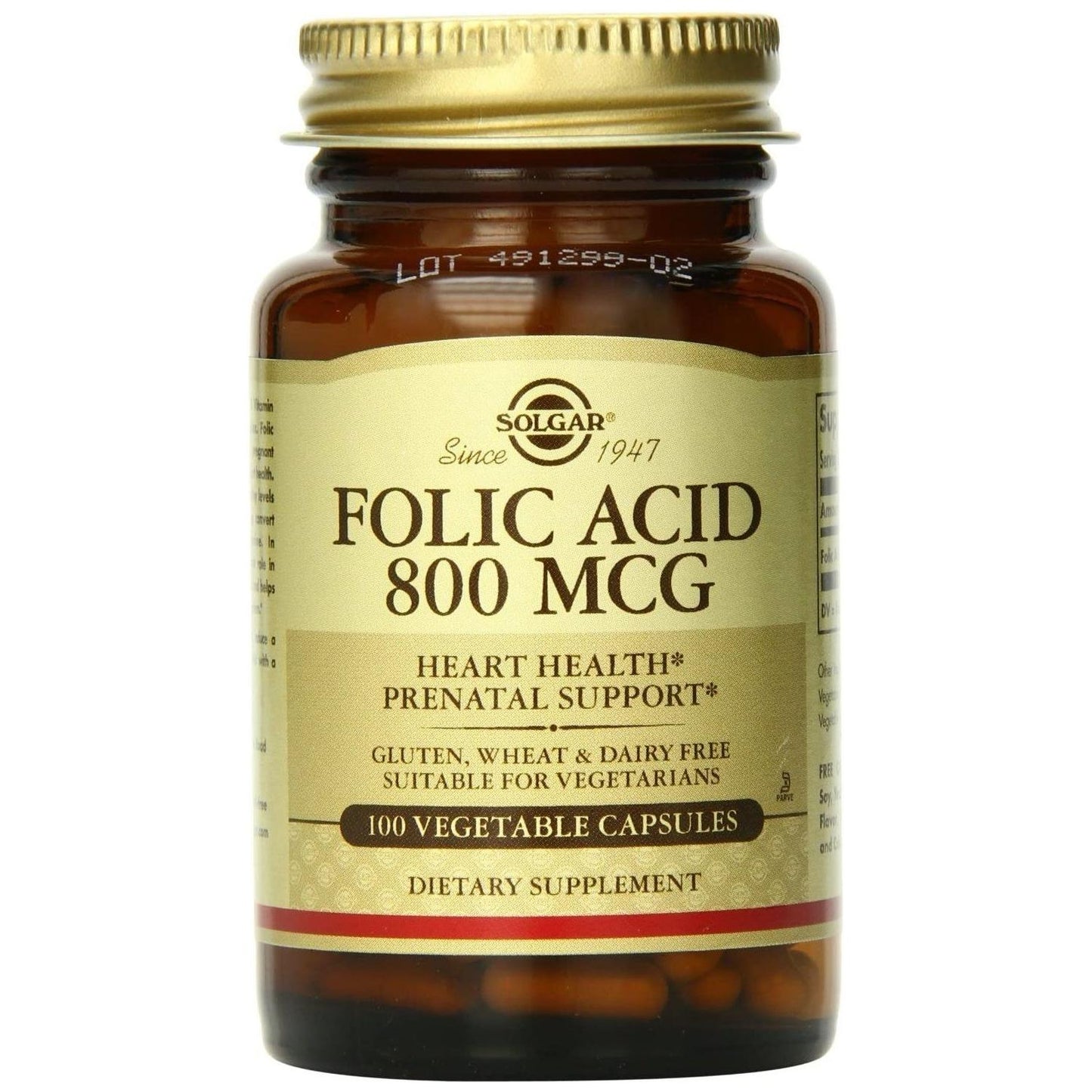 Bottle of Solgar Folic Acid 800mcg vegetable capsules from Pasteur Pharmacy, with 100 capsules in a clear container.