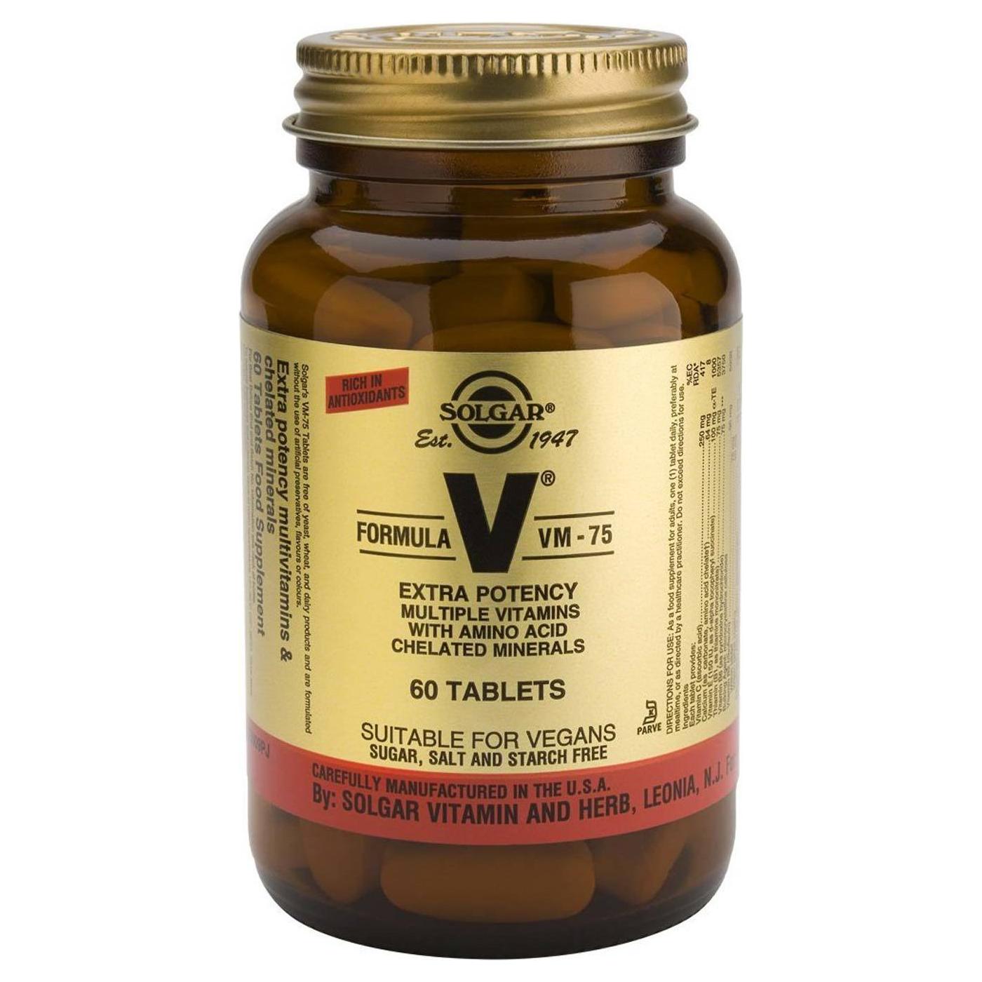 Solgar Formula VM-75 multivitamins and mineral supplement bottles containing 60 tablets from Pasteur Pharmacy.