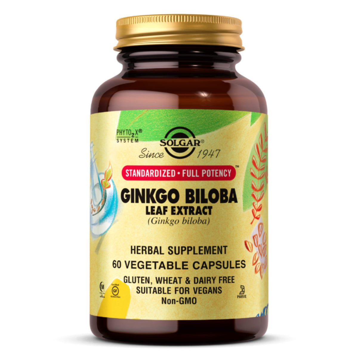 Solgar Ginkgo Biloba Leaf Extract capsules in a bottle, dietary supplement for cognitive support, 180 vegetable capsules.