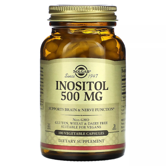 Solgar Inositol 500mg vegetable capsules, dietary supplement, shown in a clear bottle with white capsules, for healthy body functions.