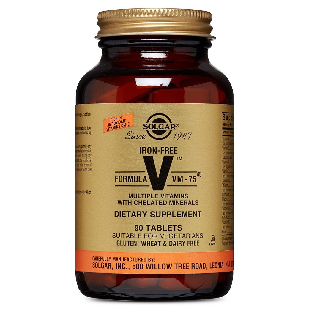 Solgar Iron-Free Formula VM-75 multivitamins and mineral supplements in a bottle of 90 tablets, designed for balanced daily nutrition.