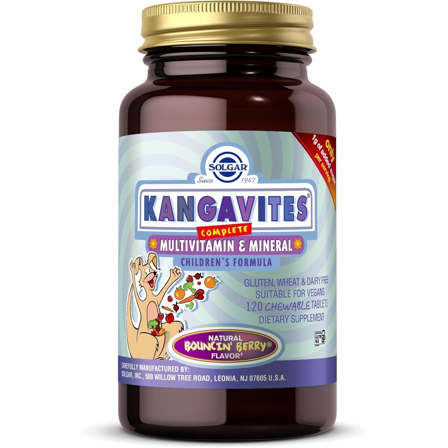 Solgar Kangavites children's multivitamin and mineral chewable tablets in berry flavor, 120 count, vitamin and supplement product.