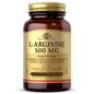 Solgar L-Arginine 500 mg vegetable capsules, dietary supplement in a clear bottle, designed for cardiovascular health support.