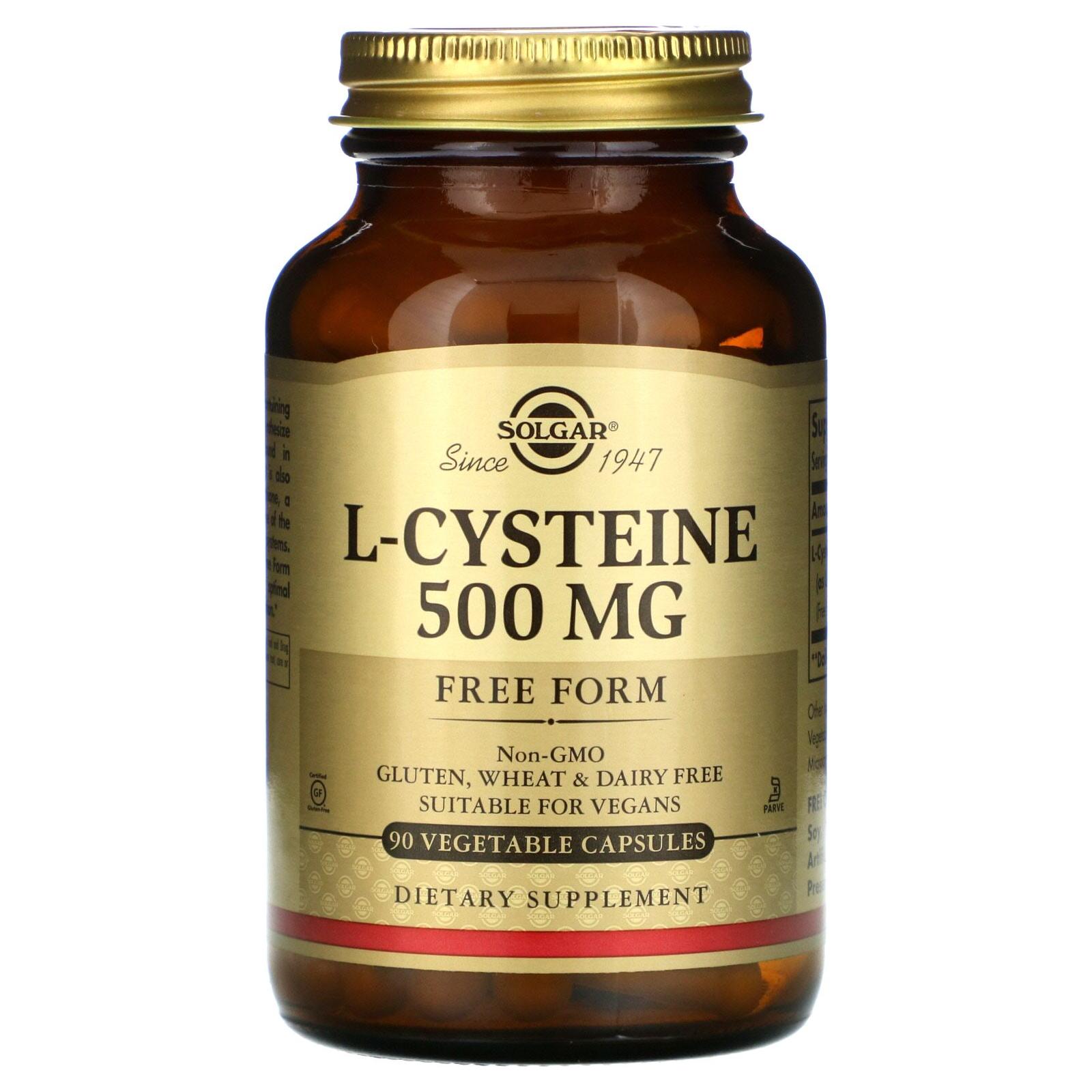 Solgar L-Cysteine 500mg vegetable capsules, dietary supplement in a bottle, designed for supporting overall health and wellness.