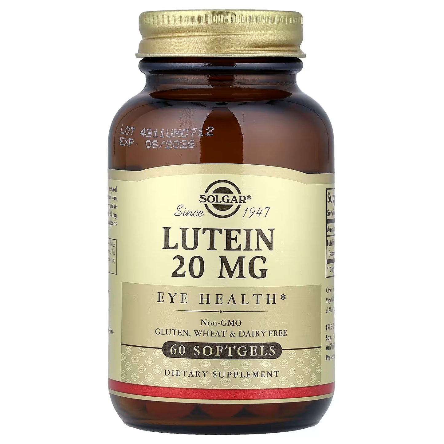 Solgar Lutein 20 mg softgels, dietary supplement for eye health, displayed in clear softgel capsules.
