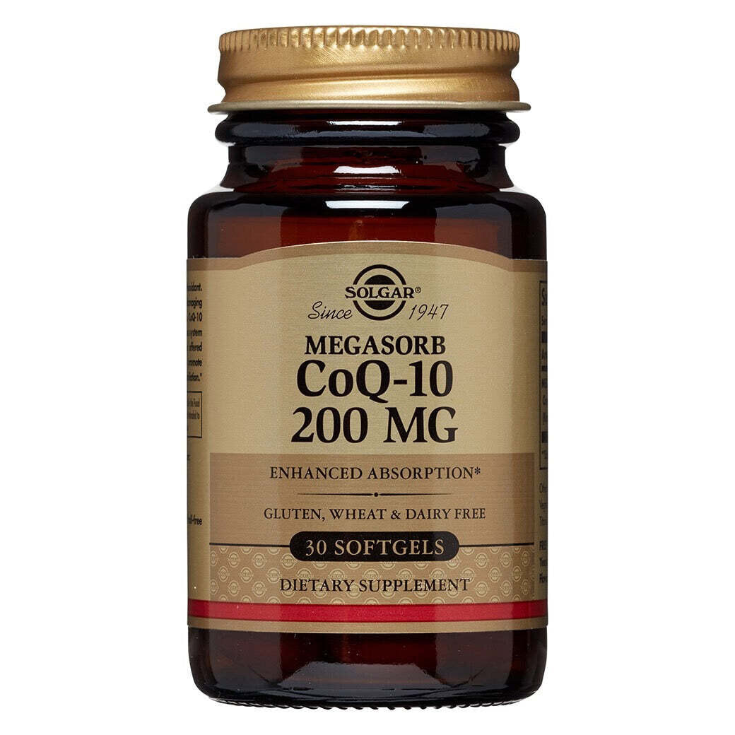 Solgar Megasorb CoQ-10 200 mg supplement in 30 softgels, a dietary vitamin and supplement product with softgel capsules.