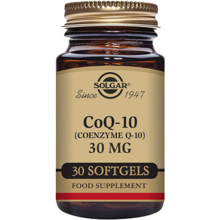 Solgar Megasorb CoQ-10 30mg softgels, dietary supplement in a 120-count bottle, designed for heart health and energy support.