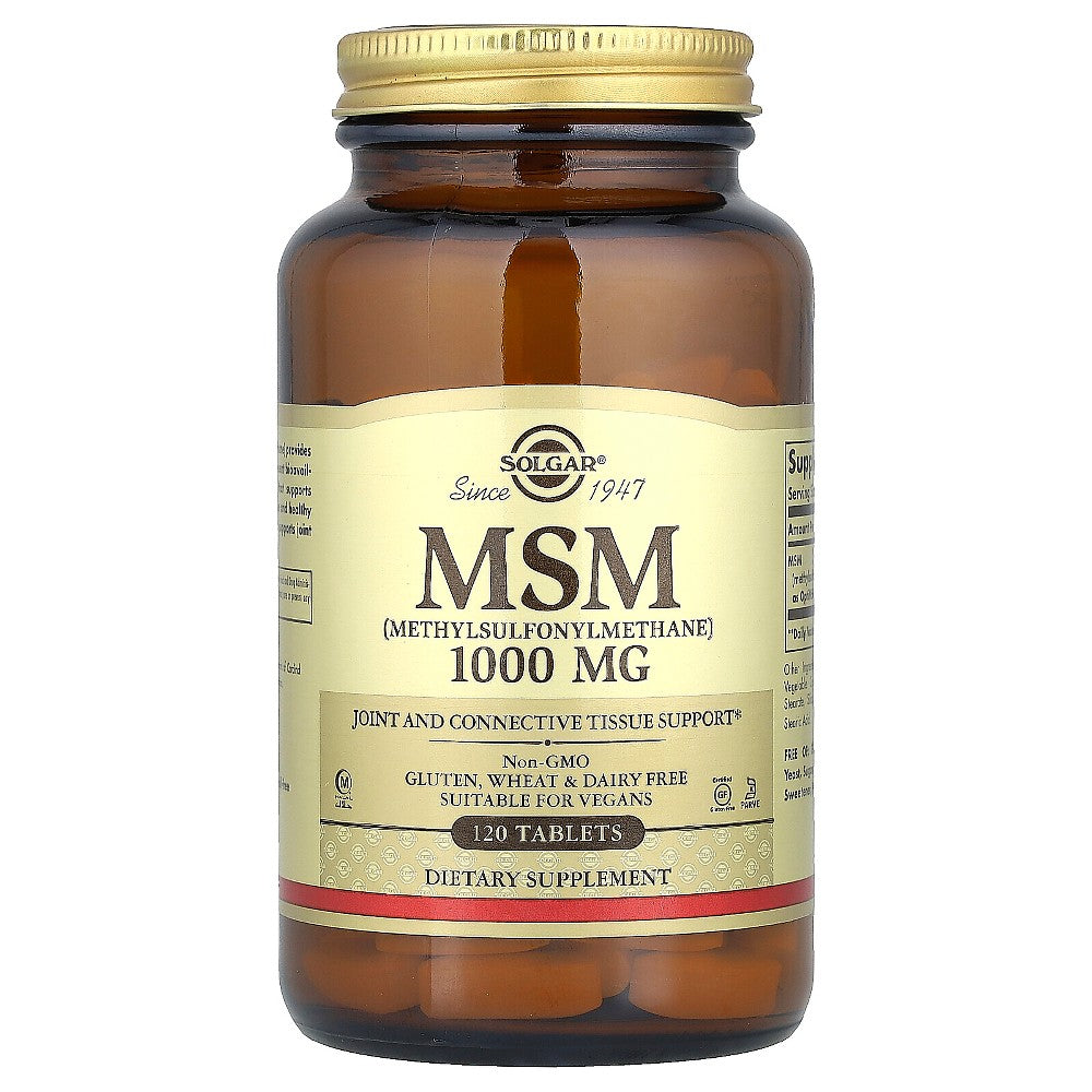 Solgar MSM methylsulfonylmethane supplement bottle with 120 tablets, dietary vitamins and supplements for joint health.