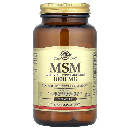 Solgar MSM methylsulfonylmethane supplement bottle with 120 tablets, dietary vitamins and supplements for joint health.