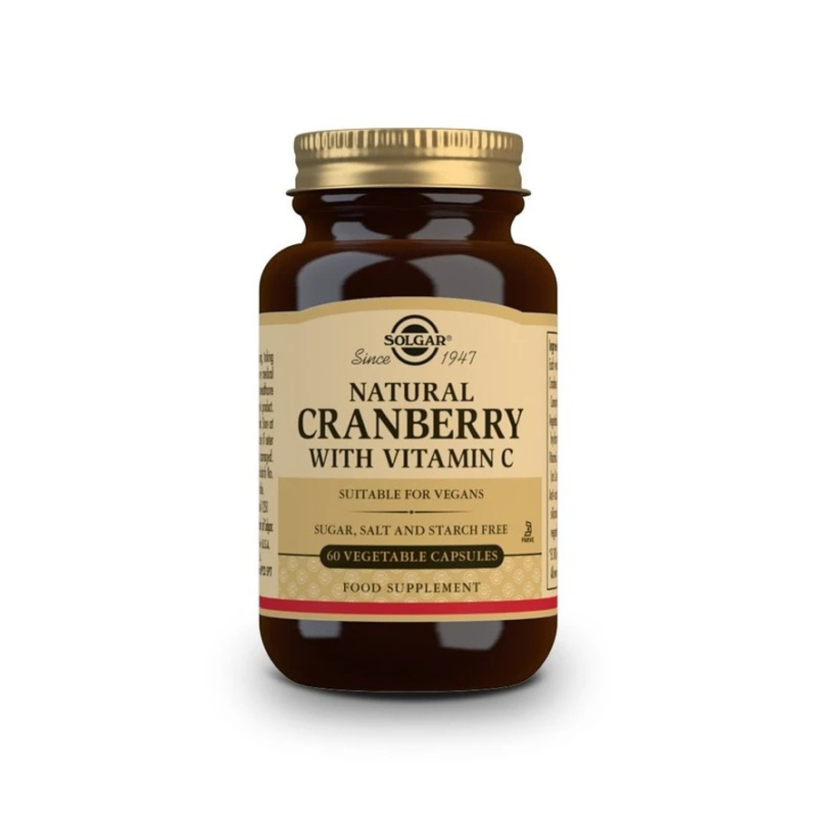 Solgar Natural Cranberry with Vitamin C capsules in a bottle, dietary supplement for urinary health and immune support.