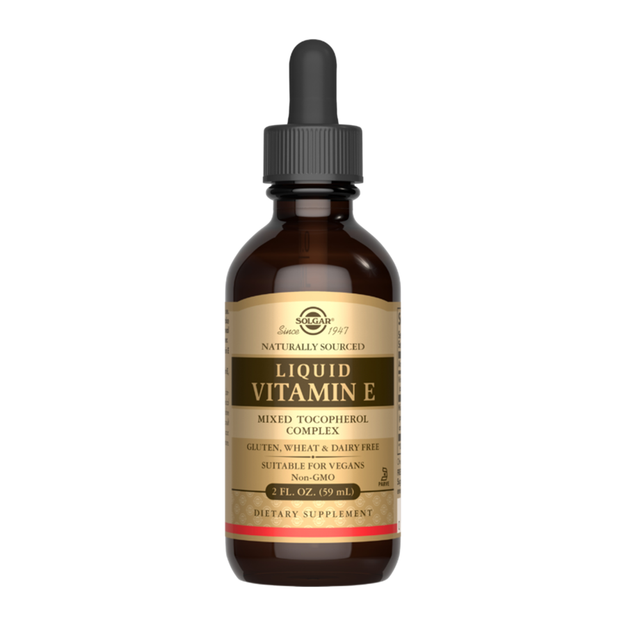 Solgar Natural Liquid Vitamin E Complex 20000iu in 59.2ml bottle, dietary supplement for skin and immune health.