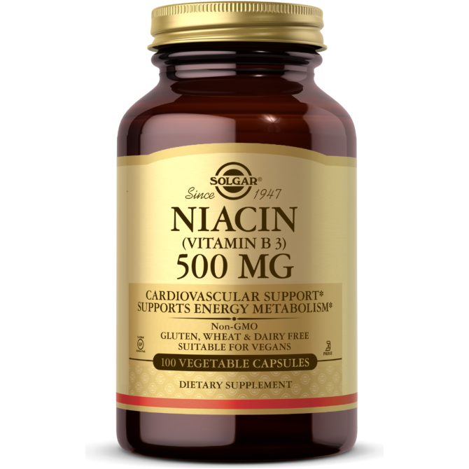 Solgar Niacin Vitamin B3 500 mg supplement in 100 vegetable capsules, displayed in a 5oz bottle, for overall health support.