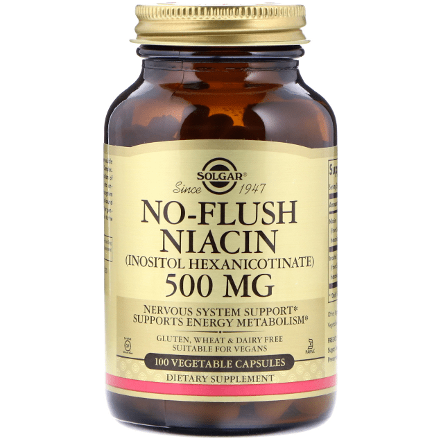 Solgar No-Flush Niacin 500 mg vegetarian capsules in a bottle, dietary supplement for healthy metabolism and cholesterol support