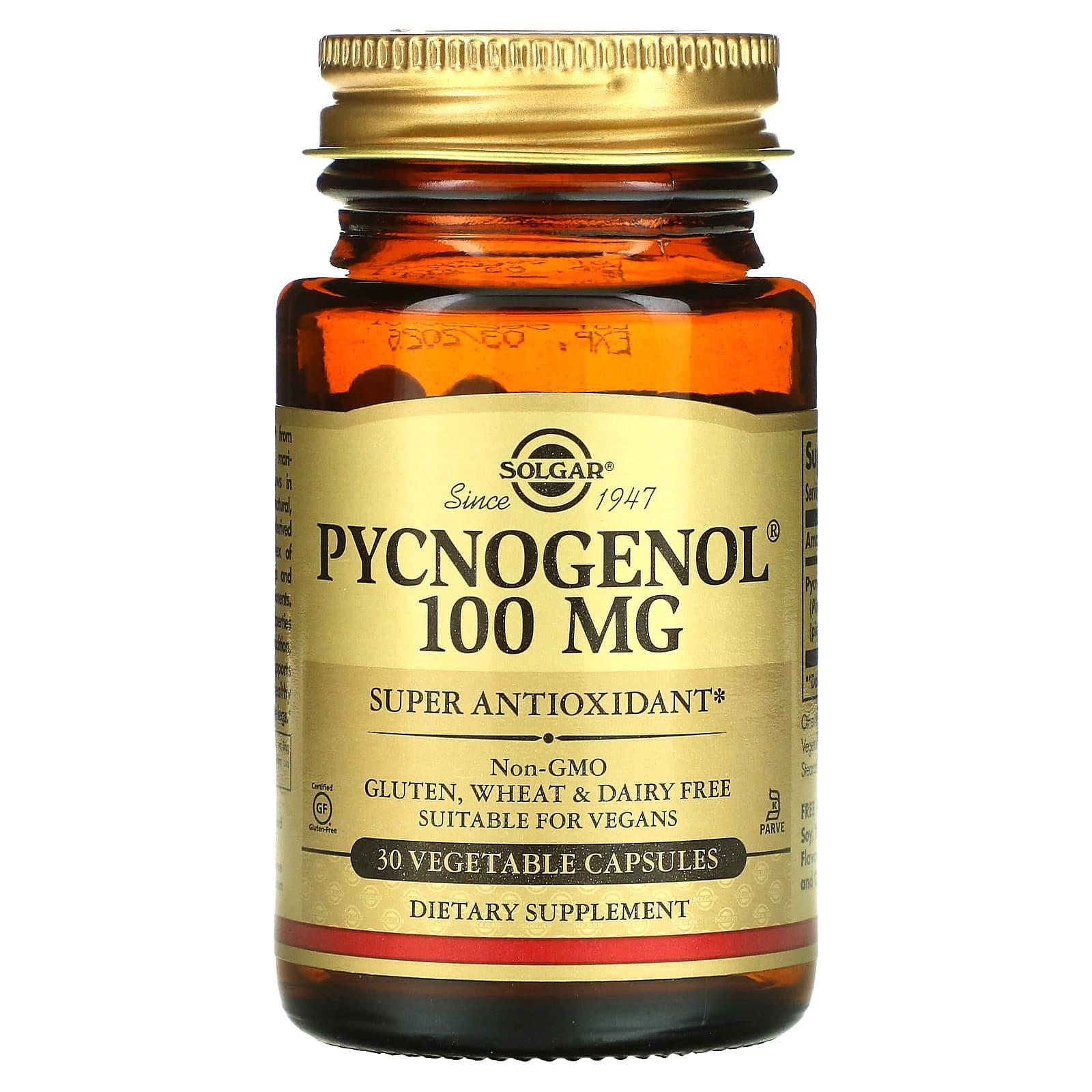 Solgar Pycnogenol 100 mg vegetable capsules, dietary supplement in a bottle showing the product label.