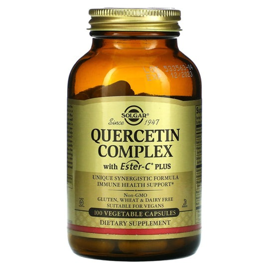 Solgar Quercetin Complex with Ester-C Plus vegetable capsules, dietary vitamins and supplements for immune support.