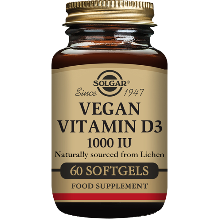 Solgar Vegan Vitamin D3 softgels in a 5 oz bottle, dietary supplement for immune support, displayed in a clear container.
