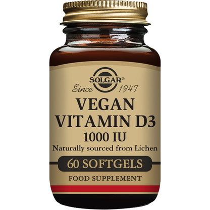 Solgar Vegan Vitamin D3 softgels in a 5 oz bottle, dietary supplement for immune support, displayed in a clear container.