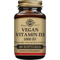 Solgar Vegan Vitamin D3 softgels in a 5 oz bottle, dietary supplement for immune support, displayed in a clear container.