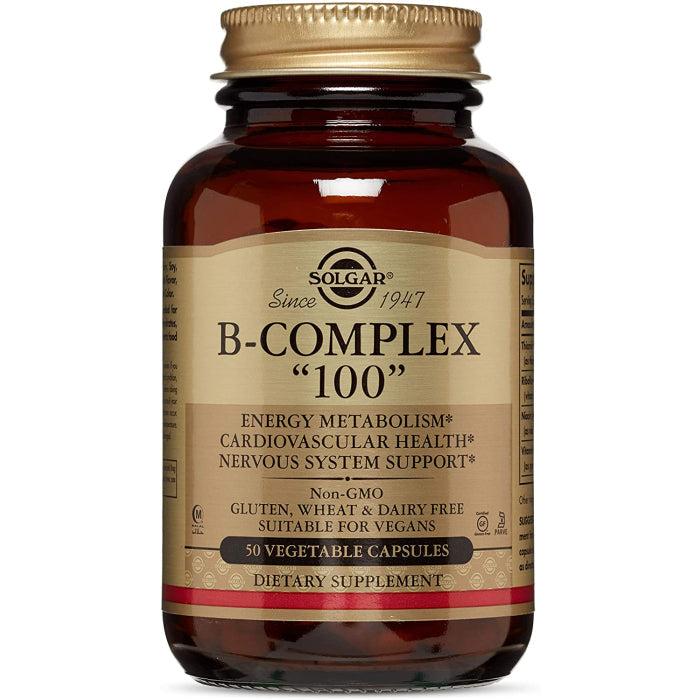 Solgar Vitamin B-Complex 100 vegetable capsules, dietary supplement for energy and metabolism, 50 softgel capsules.