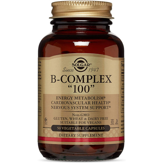 Solgar Vitamin B-Complex 100 vegetable capsules, dietary supplement for energy and metabolism, 50 softgel capsules.