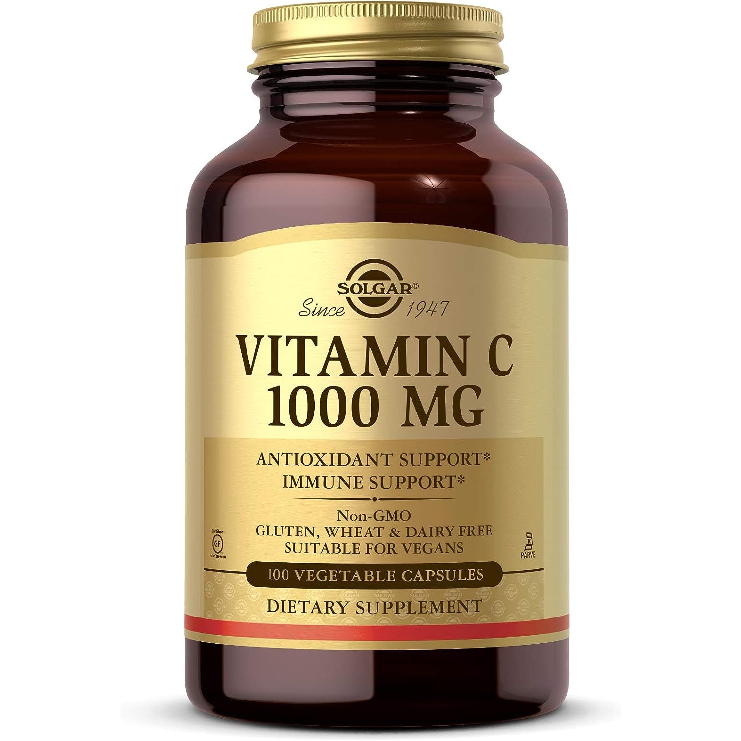 Solgar Vitamin C 1000 mg vegetable capsules, dietary supplement, natural vitamin C supplement in a bottle.