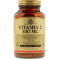 Solgar Vitamin C 500mg vegetable capsules, dietary supplement for immune support, displayed in a clear bottle.