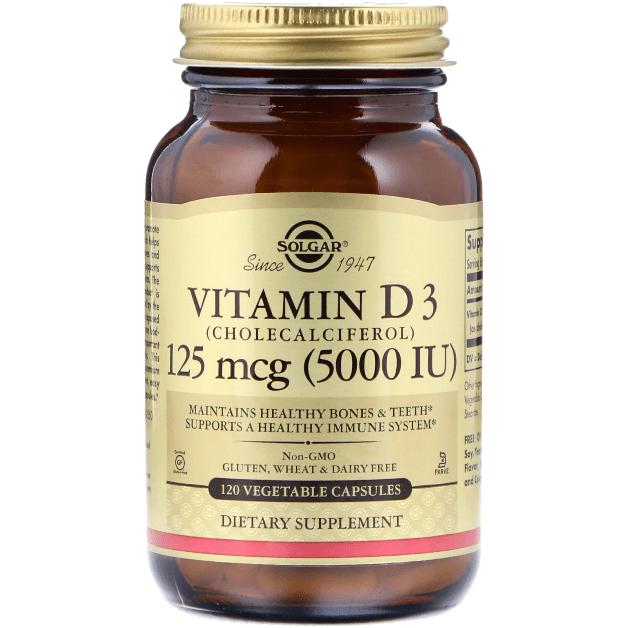 Solgar Vitamin D3 (Cholecalciferol) 125 mcg (5,000 IU) vegetable capsules, dietary supplement for bone health and immunity.