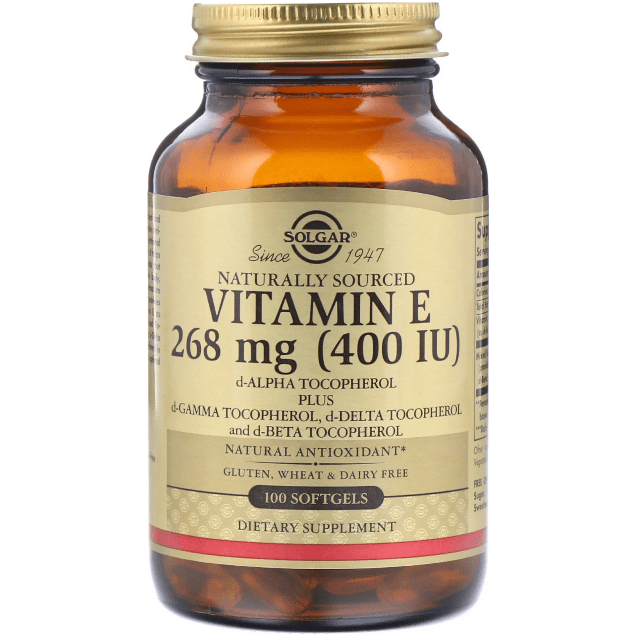 Solgar Vitamin E 268 mg (400 IU) alpha softgels in bottle, dietary supplement for skin and immune health