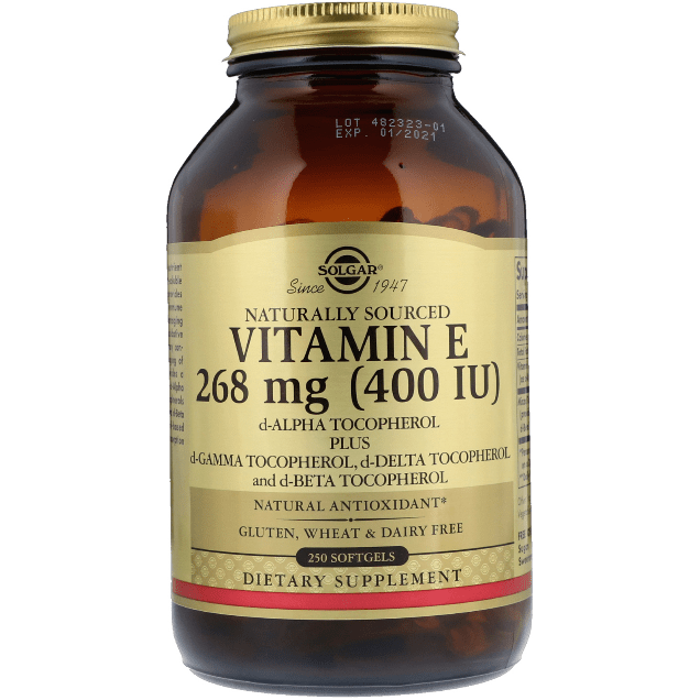 Solgar Vitamin E 268 mg (400 IU) softgels, dietary supplement for antioxidant support, shown in a bottle with 250 softgels.