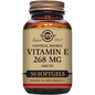 Bottle of Solgar Vitamin E 400 IU softgels, dietary supplement, 50 count, 5 oz, in clear bottle with label.
