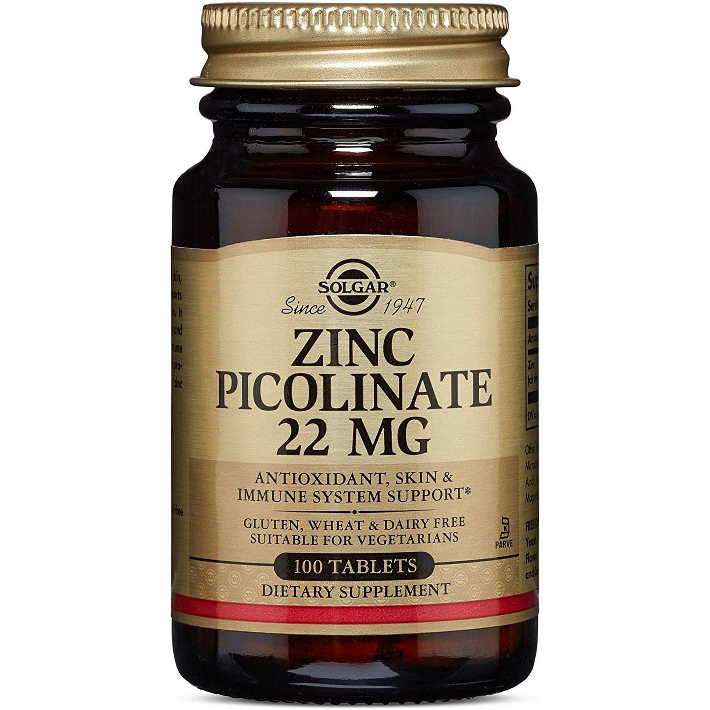 Solgar Zinc Picolinate 22 mg supplement bottles, containing 100 tablets, for immune support and overall health.