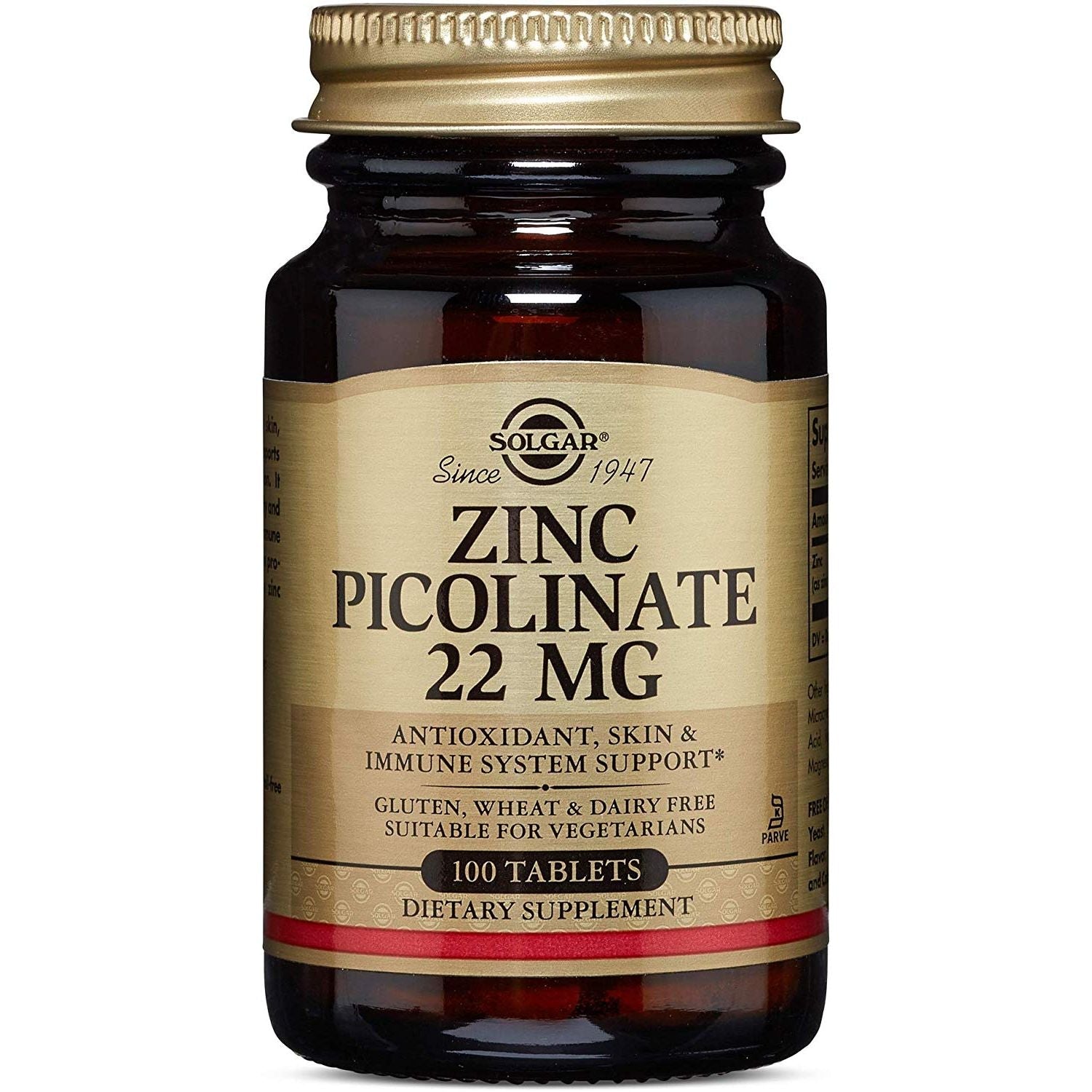 Solgar Zinc Picolinate 22 mg supplement bottles, containing 100 tablets, for immune support and overall health.