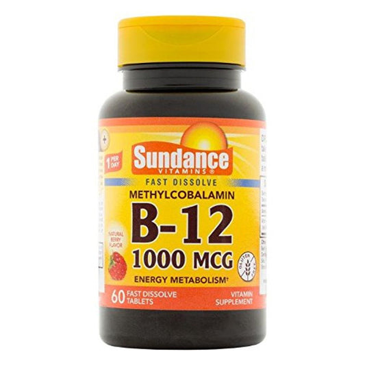 Sundance B-12 1000 mcg fast dissolve tablets, vitamin supplement by Pasteur Pharmacy, showing orange-flavored tablets in blister pack.