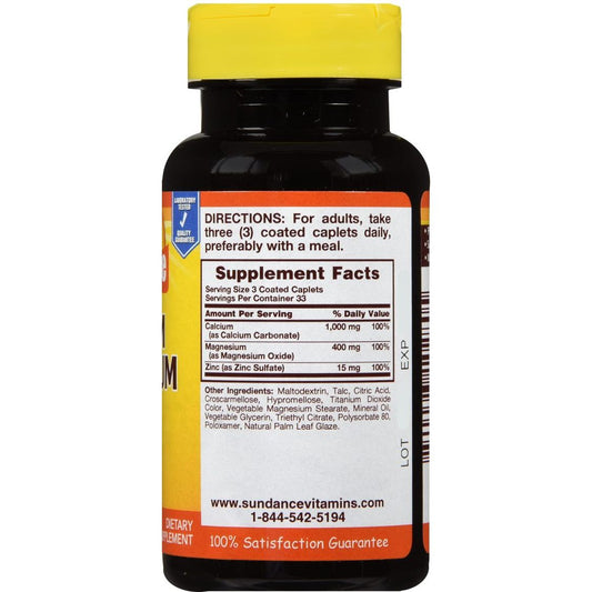 Sundance Calcium 600 mg with Vitamin D3 800 IU coated caplets, dietary supplement in a bottle.
