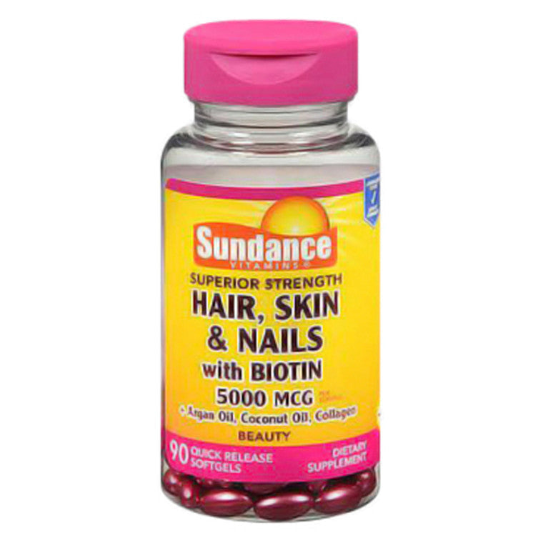 Sundance Hair, Skin & Nails with Biotin softgels by Pasteur Pharmacy, 5000 mcg, in a clear bottle showing softgel capsules.