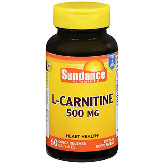 Bottle of Sundance L-Carnitine 500mg quick release capsules, dietary supplement for energy and metabolism support.
