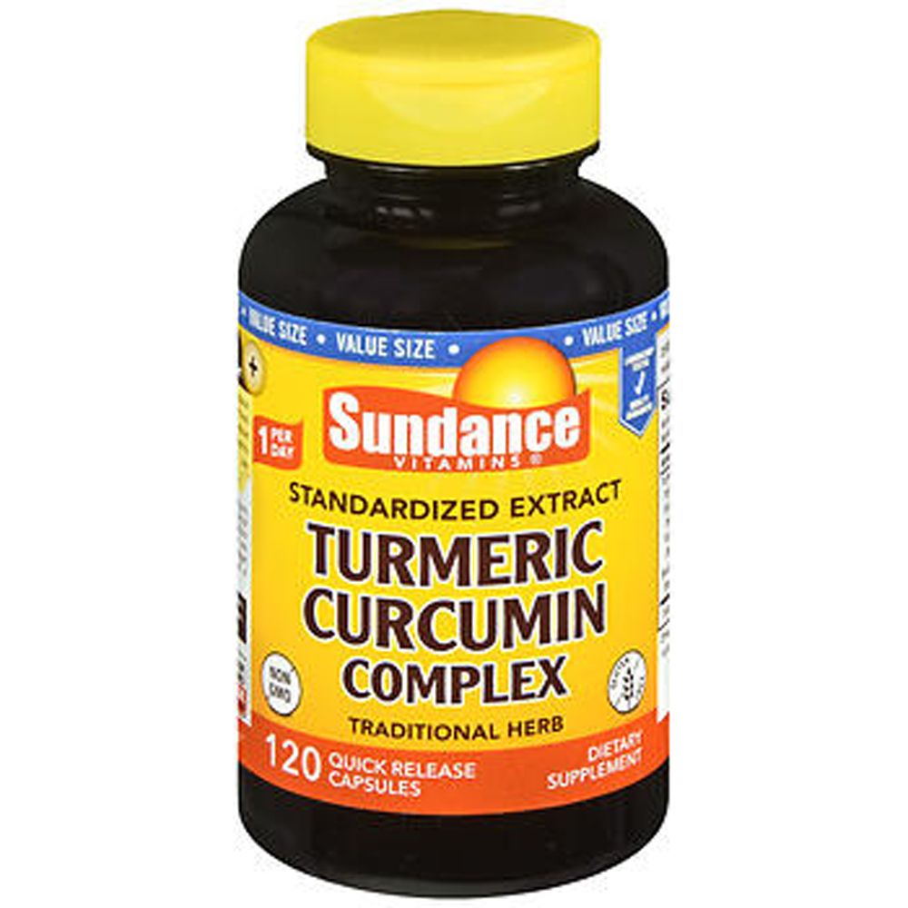 Sundance Standardized Turmeric Curcumin Complex supplement in 120 quick release capsules, from Pasteur Pharmacy, for joint support.