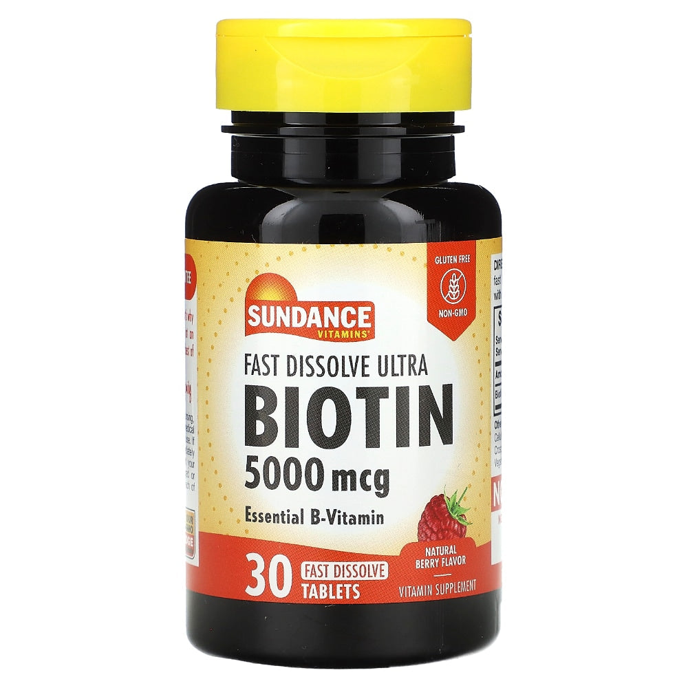 Sundance Ultra Biotin 5000 mcg fast dissolve tablets in blister pack, dietary vitamins and supplements for hair and skin health