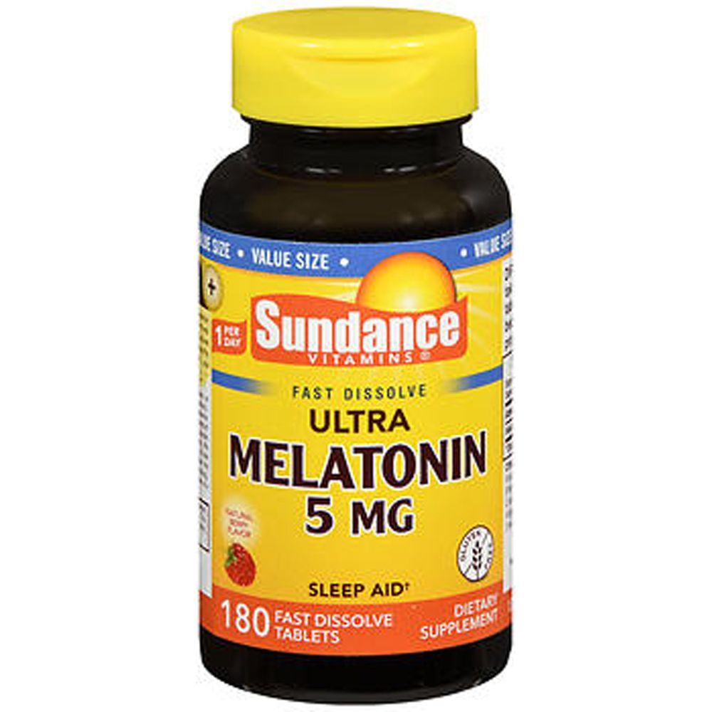 Sundance Ultra Melatonin 5 mg fast dissolve vitamins and supplements in a bottle with 180 tablets, designed to support sleep.
