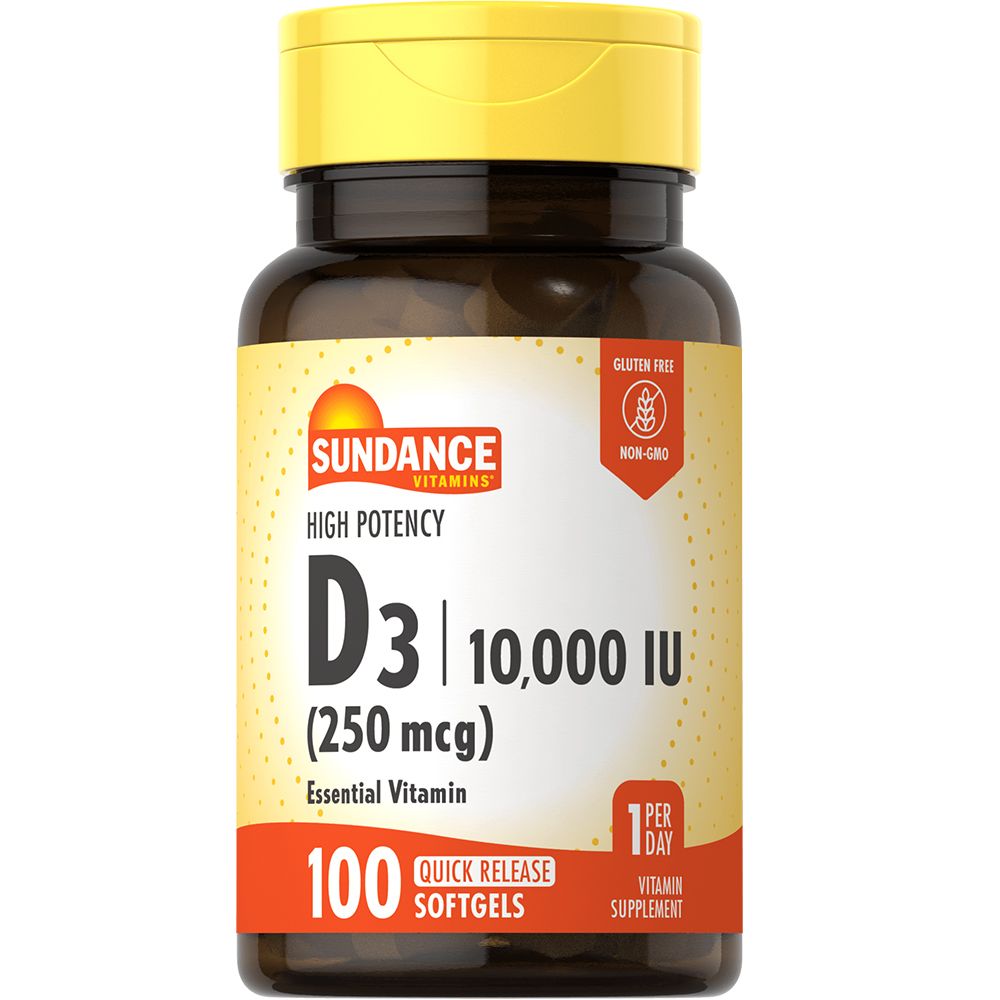 Sundance Vitamin D3 softgels by Pasteur Pharmacy, high potency 10,000 IU, 250 mcg, 100 softgels for immune support and bone health.