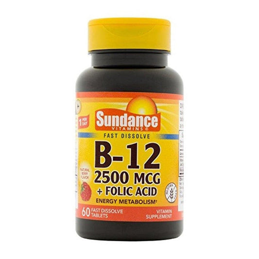 Sundance Vitamin B12 Plus Folic Acid tablets in blister pack, 2500 mcg, dietary supplement from Pasteur Pharmacy.