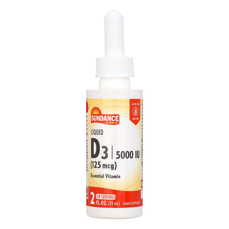 Sundance Vitamin D3 Liquid supplement bottle with 2 oz size from Pasteur Pharmacy, rich in 5000 IU vitamin D3.