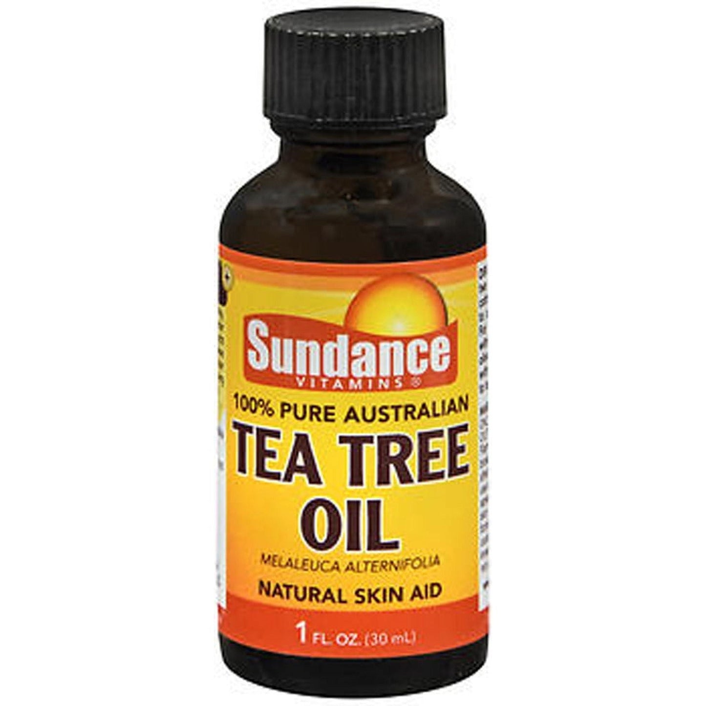 Sundance Vitamins 100% Pure Tea Tree Oil for natural skin care, in a 1 oz bottle, from Pasteur Pharmacy, on a white background.