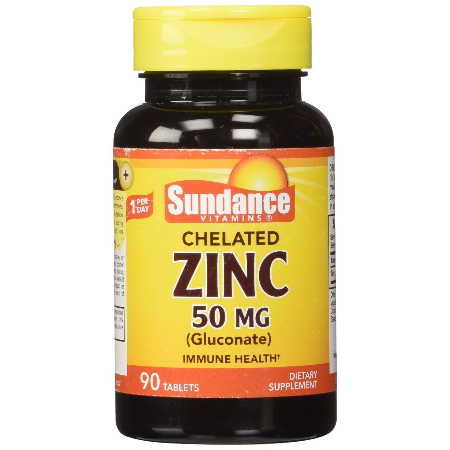 Bottle of Sundance Vitamins 50 mg chelated zinc gluconate tablets, dietary supplement from Pasteur Pharmacy.