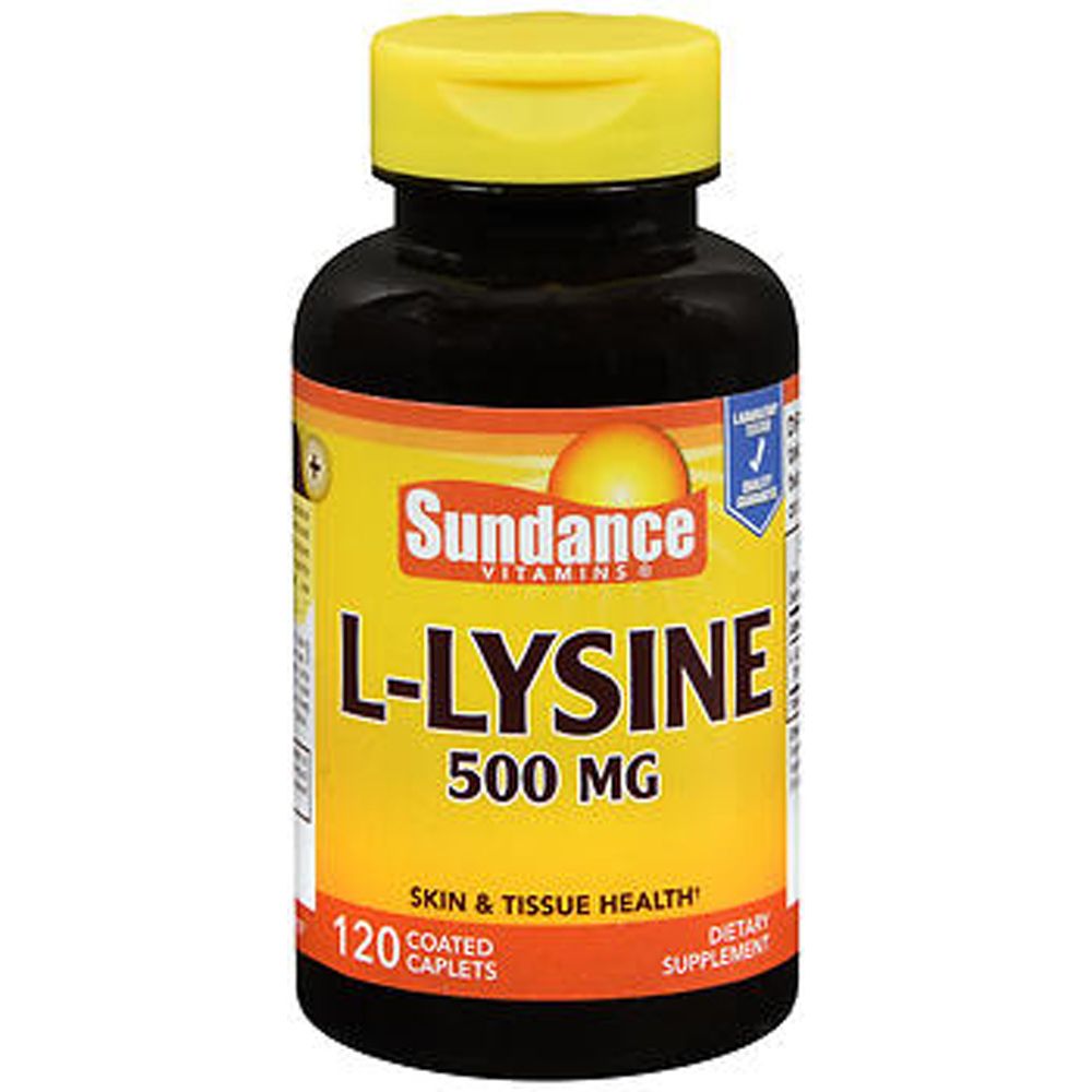 Sundance Vitamins 500 mg L-Lysine coated caplets, dietary supplement in blister pack, designed for immune support and health.