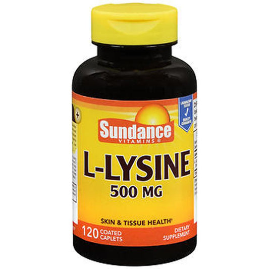 Sundance Vitamins 500 mg L-Lysine coated caplets, dietary supplement in blister pack, designed for immune support and health.